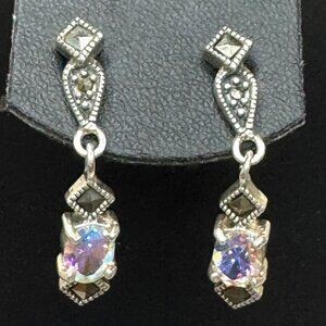 Vintage Sterling Silver Mystic Topaz Aura Quartz Marcasite Dangle Earrings 1"